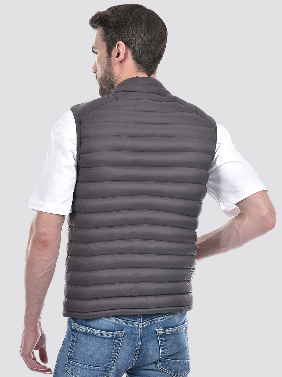 Numero Uno Men Solid Grey Quilted Regular Fit Jacket